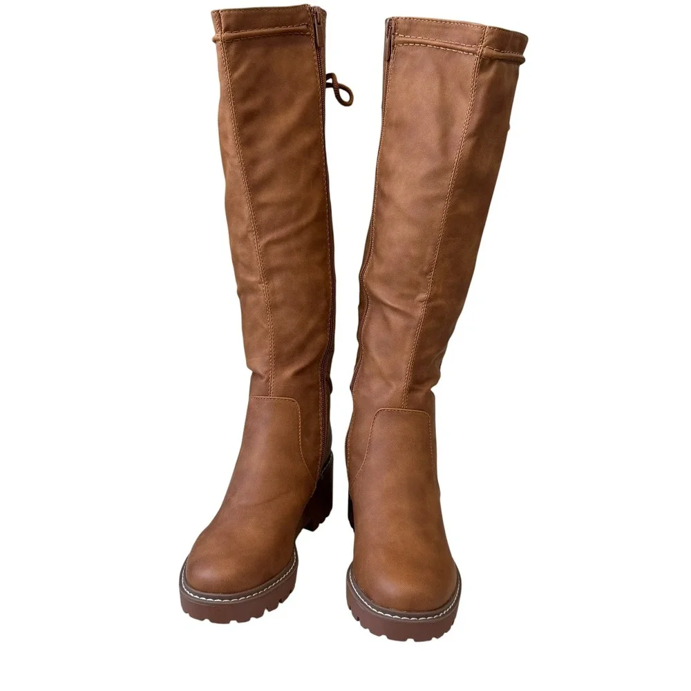 Forever Womens Knee High Combat Boots Brown Lace Up Lug Sole Side Zip Size 6